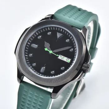 Часы DEBERT с автоматическим механизмом NH35A, деловые мужские часы, 40 мм черный стерильный циферблат, дата, Резиновый зеленый ремешок для часов, часы из нержавеющей стали