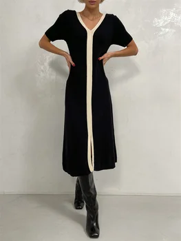 Эффектное контрастное модное платье Макси для женщин с V-образным вырезом и коротким рукавом, элегантное платье в стиле пэчворк, женское раздельное длинное платье 2024