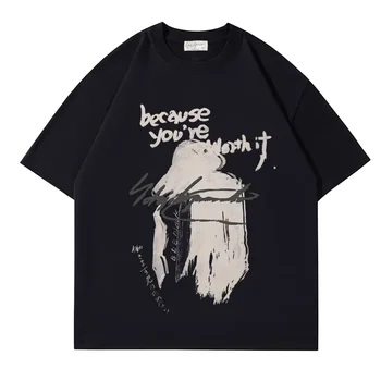Японские мужские футболки из хлопка Yohji Yamamoto, летние модные футболки с фирменным граффити на груди, повседневные свободные топы с коротким рукавом